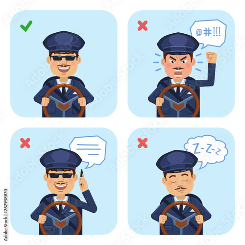 Illustration of a chauffeur showing what to do and what not to do while driving. Talking on the phone while driving, sleeping, shouting. Flat style vector illustration