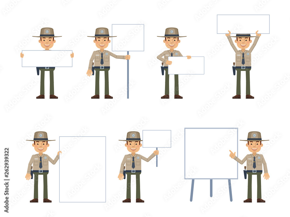 Set of sheriff characters posing with different blank banners. Cheerful police officer holding paper, poster, placard, pointing to whiteboard. Teach, advertise, promote. Flat vector illustration