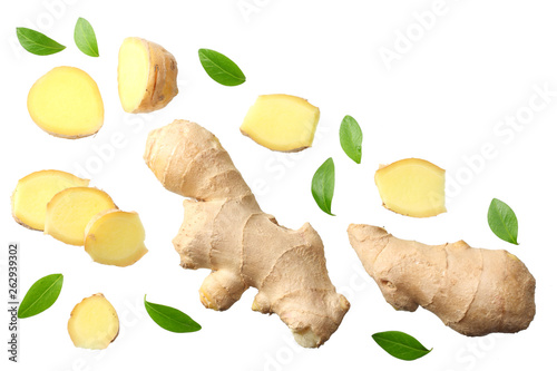 sliced ginger with leaves isolated on white background top view
