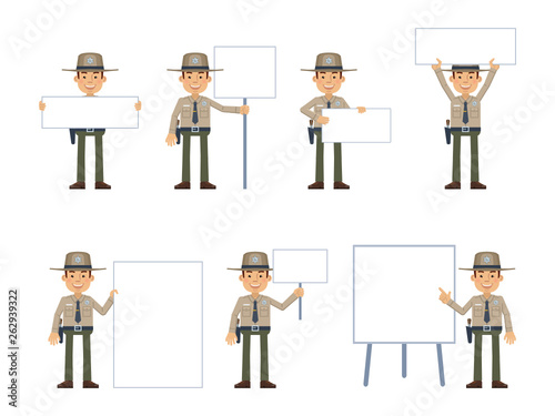 Set of sheriff characters posing with different blank banners. Cheerful police officer holding paper, poster, placard, pointing to whiteboard. Teach, advertise, promote. Flat vector illustration