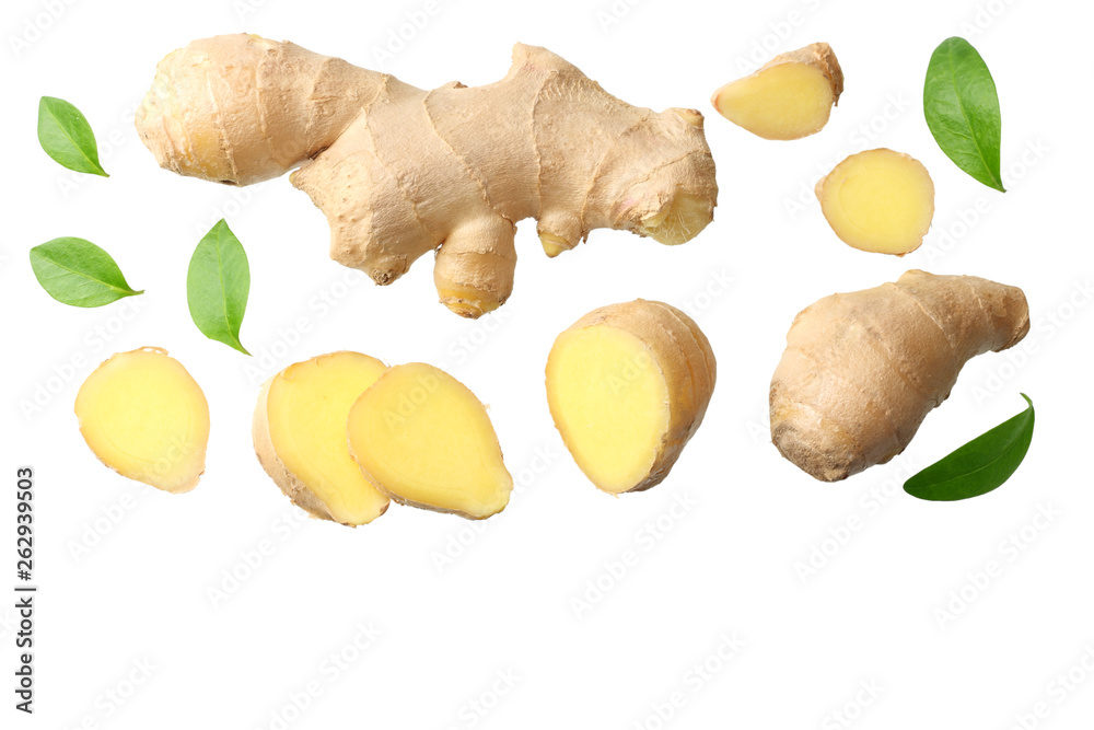 Fototapeta premium sliced ginger with leaves isolated on white background top view