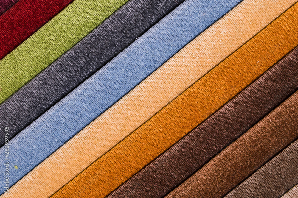 Fototapeta premium Abstract diagonal textile background multicolored stripes from factory upholstery textiles for furniture