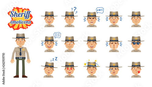 Big set of sheriff emoticons. Policeman emojis showing different facial expressions. Happy, sad, smile, laugh, surprised, serious, cry, angry, dizzy and other emotions. Simple vector illustration