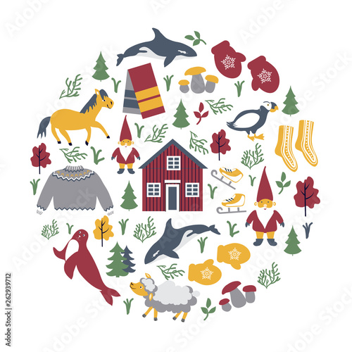 Round frame Icelandic winter clothes, animals, elf, skates isolated on white, decorative woolen jumper, scandinavian vector colorful symbols, cartoon flat european icons accessory for travel design
