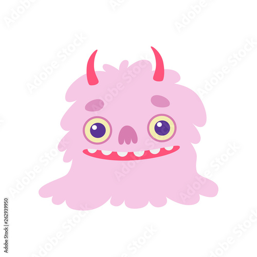 Cute Smiling Toothy Monster with Horns  Pink Fluffy Friendly Alien Cartoon Character Vector Illustration