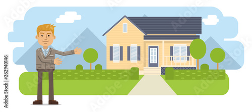 Fototapeta Naklejka Na Ścianę i Meble -  Illustration of a real estate agent. Cheerful businessman standing in front of a house. Realtor isolated on landscape background. Flat style vector illustration