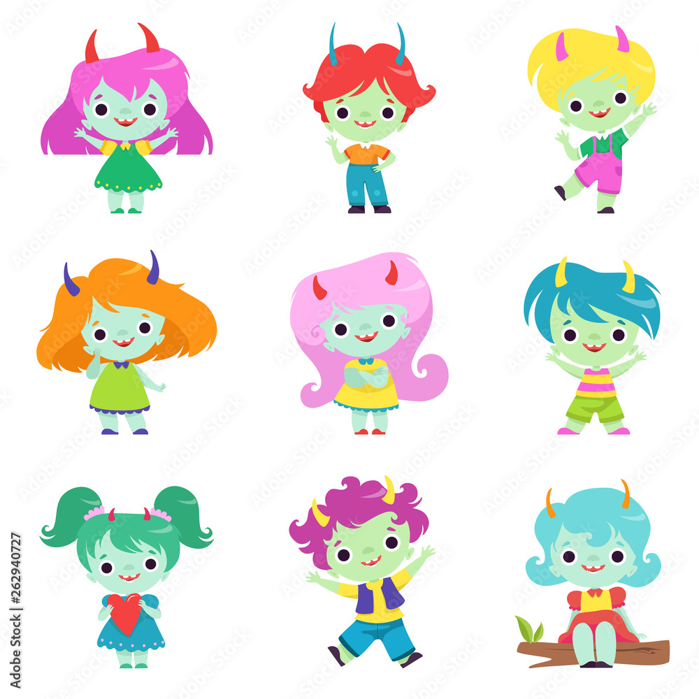 Cute Horned Trolls Boys and Girls Set, Adorable Smiling Fantasy Creatures Characters with Colored Hair Vector Illustration