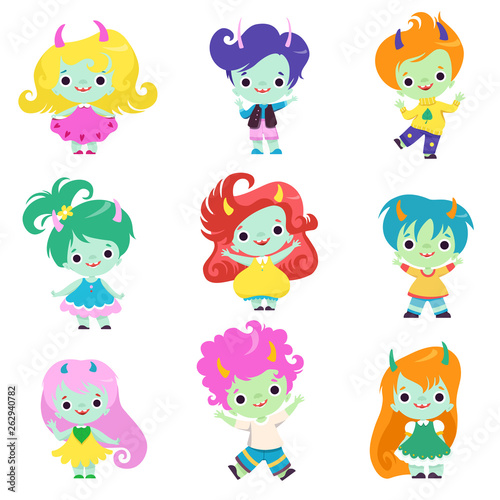 Cute Happy Smiling Horned Trolls Boys and Girls Set  Adorable Fantasy Creatures Characters with Colored Hair Vector Illustration