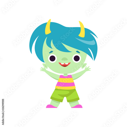 Cute Horned Troll Boy, Happy Adorable Fantasy Creature Character with Colored Hair Vector Illustration