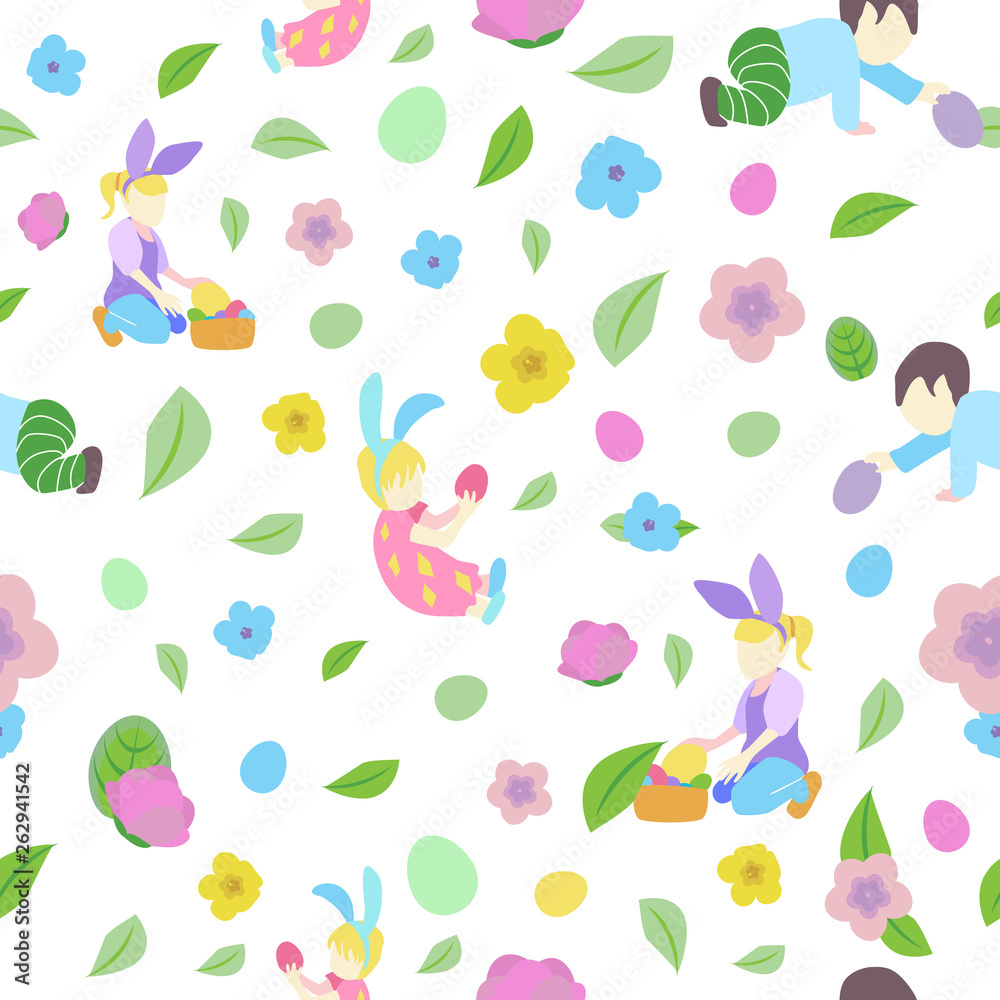 pattern with little boy and girl in different poses, easter eggs and branch with leaves and flowers pattern with little boy and girl in different poses, easter eggs and branch with leaves and flowers