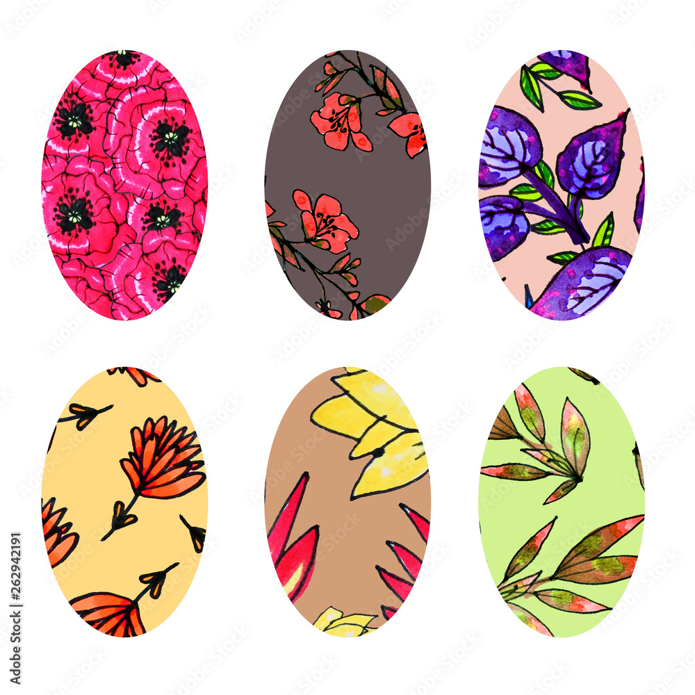 Fototapeta premium Set of Easter eggs with a pattern. Six elements. Happy Easter. Set of Easter eggs with different texture.Happy easter eggs