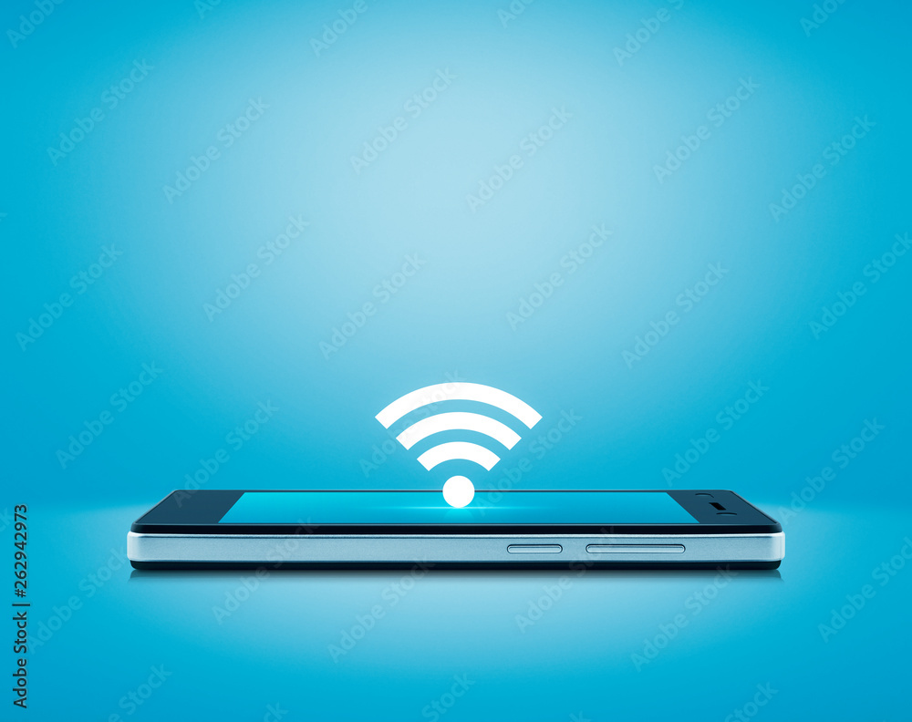 wi-fi button flat icon on modern smart mobile phone screen over gradient light blue background, Technology internet online concept wi-fi button flat icon on modern smart mobile phone screen over gradient light blue background, Technology internet online concept