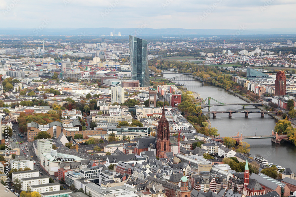 Fototapeta premium Panoramic view from observation point from Main Tower to Frankfurt and suburbans, Germany