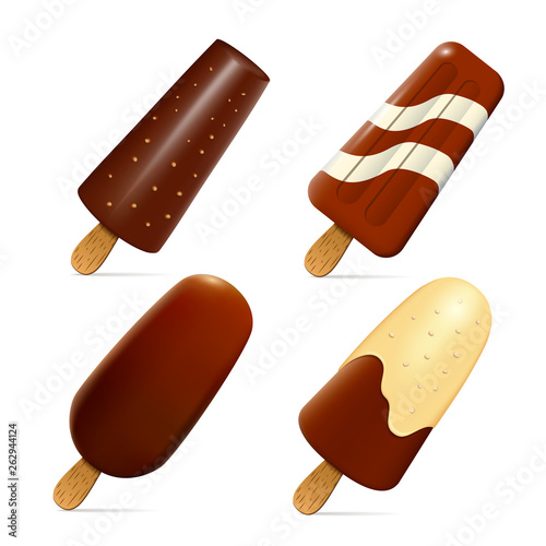 Set of popsicle on a stick. In a chocolate glaze. Topkink cookies and chocolate drops. Realistic 3D. Isolated on white background Vector illustration
