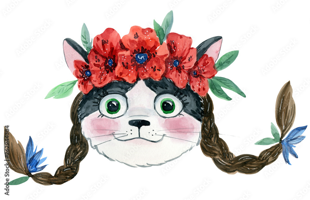Cat with braids in flowers