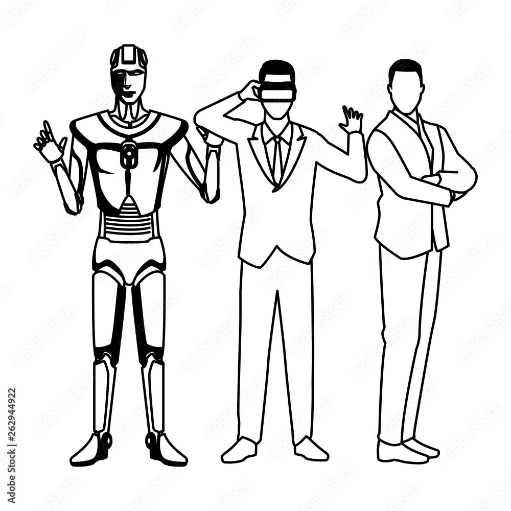 humanoid robot and businessmen black and white