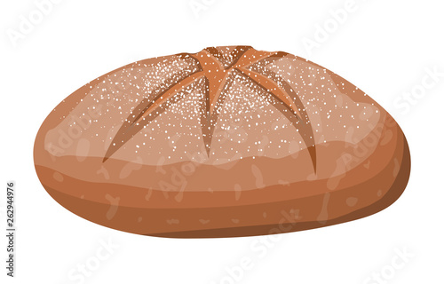 Brown bread loaf. Rye bread roll. Baked food. Bakery shop. Vector illustration in flat style