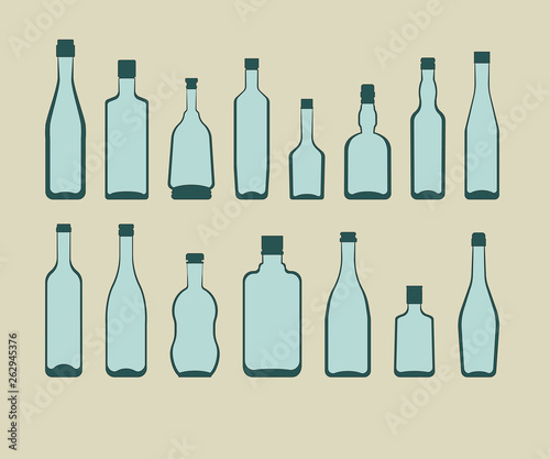 alcohol bottles set. color vector illustration on beige background