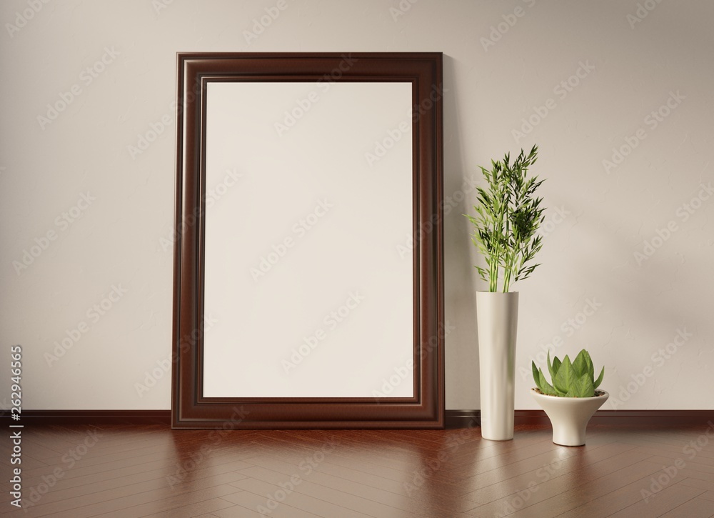 An empty wooden frame on the wooden floor with plants. Mock up for pictures, photos, images, lettering. 3D rendering. An empty wooden frame on the wooden floor with plants. Mock up for pictures, photos, images, lettering. 3D rendering.