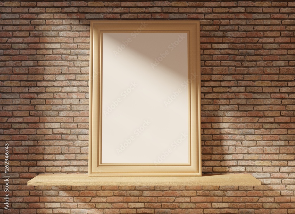 An empty frame on the wooden shelf with brick background. Mock up with empty frame for photos, images. 3D rendering. An empty frame on the wooden shelf with brick background. Mock up with empty frame for photos, images. 3D rendering.