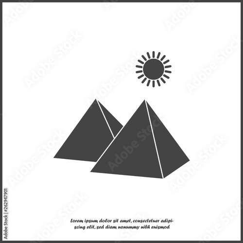 Vector icon pyramid and sun in the desert on white isolated background.