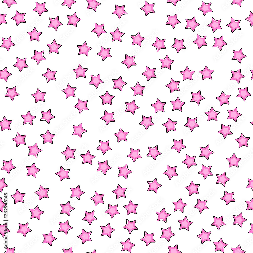 Pink star seamless pattern on white background. Paper print design. Abstract retro vector illustration. Trendy textile, fabric, wrapping. Modern space decoration.