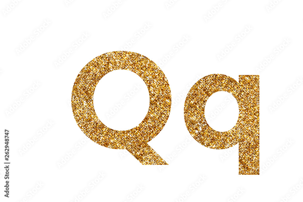 Character Q. Letters and Numbers from golden grains of sand. English alphabet. Isolated on white background.