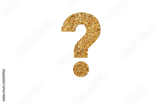 Question mark. Letters and Numbers from golden grains of sand. English alphabet. Isolated on white background.