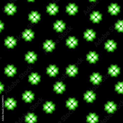 Green neon clover, luck symbol, floral vector seamless background