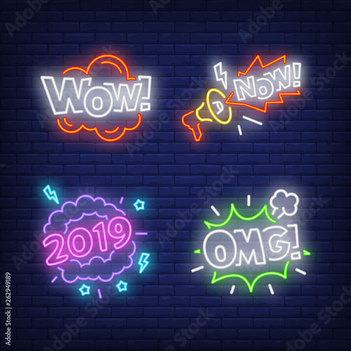 Exclamations neon sign set. OMG, Wow, Now