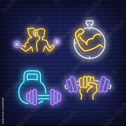 Gym neon sign set. Athletes with dumbbells