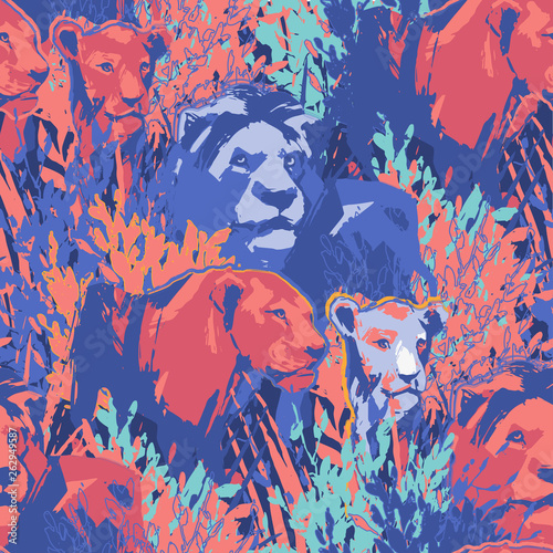 Seamless pattern of lion pride among the grass and bushes