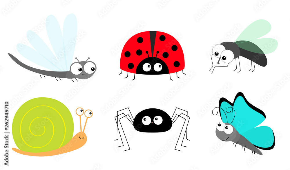 Obraz premium Lady bug ladybird Fly Housefly Spider Butterfly Dragonfly Snail insect icon set. Baby kids collection. Cute cartoon kawaii funny character. Smiling face. Flat design. White background.