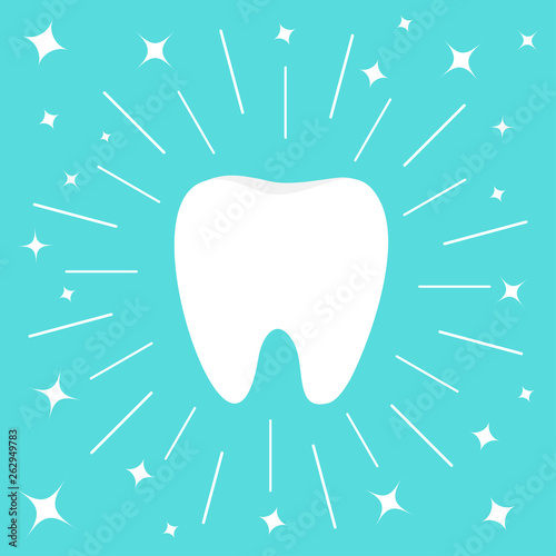 Healthy white tooth icon. Round line circle. Oral dental hygiene. Children teeth care. Shining effect sparkle stars. Flat design. Blue background.