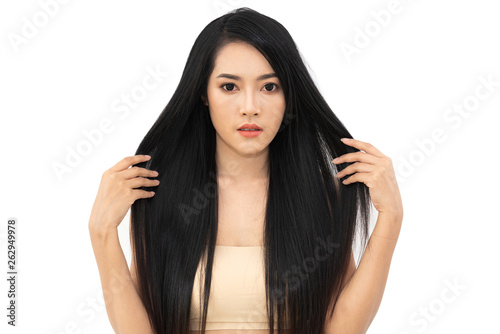 Beautiful woman beauty health care with black long shiny straight smooth hair isolated on white background.Hair cosmetics