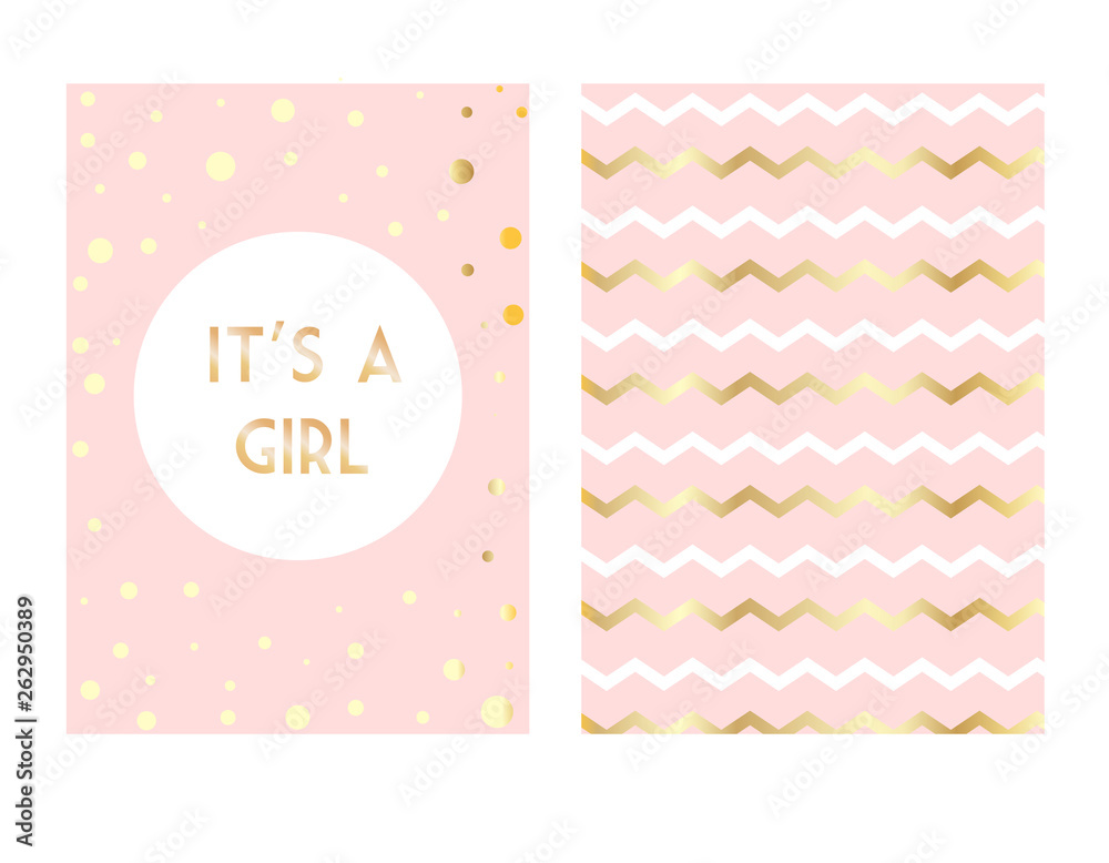 Set of vector invitation with gold lettering for girl. Baby congratulations posters with lettering. It's a girl or your text. Greeting card