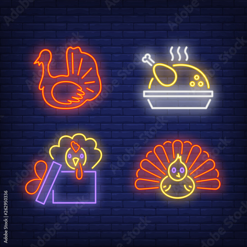 Thanksgiving turkey neon sign set. Meal, bird