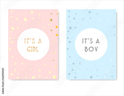 Set of vector invitation with gold and silver lettering for boy or girl. Baby  congratulations posters with lettering. It's a boy, it's s girl or your text. Greeting card