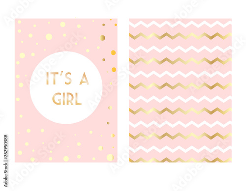 Set of vector invitation with gold lettering for girl. Baby congratulations posters with lettering. It's a girl or your text. Greeting card