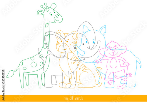 Educational children game. Logic game for kids. Find all animals