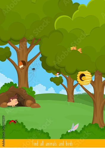 Educational children game. Logic game for kids. Find all animals and birds