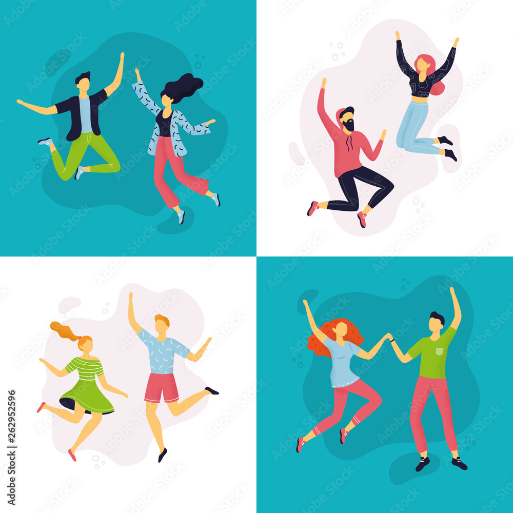 Happy couples jumping in different poses. Collection of cartoon women and men in flat design. Characters can be used for partnership, teamwork or celebration concepts. Vector illustration.