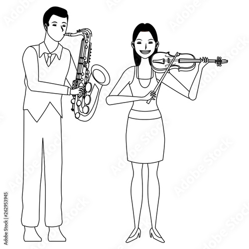 musician playing saxophone and violin black and white