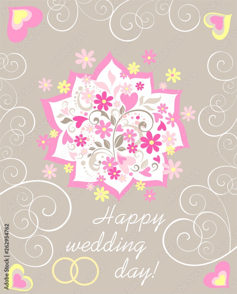 Pastel wedding greeting card with paper cutting applique with beautiful bouquet with daisy, pink hearts and wedding rings Pastel wedding greeting card with paper cutting applique with beautiful bouquet with daisy, pink hearts and wedding rings