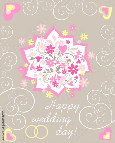 Pastel wedding greeting card with paper cutting applique with beautiful bouquet with daisy  pink hearts and wedding rings