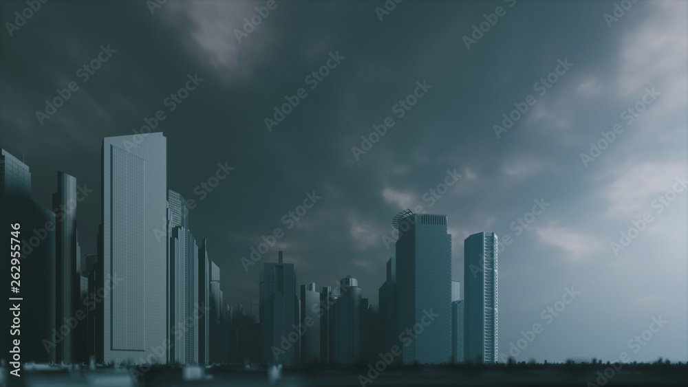 Dark apocalyptic view of a city. Gloomy apocalyptic town. Grey city