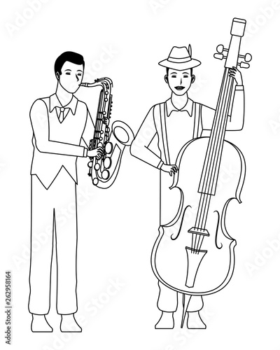 musician playing saxophone and bass black and white