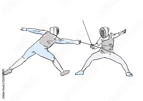 Fencers at tournament. Colorful drawing. Two fencing athletes. Fighting swordsmen in protective sportswear. Fencing championship. Vector hand drawn illustration. Isolated silhouette and colors.