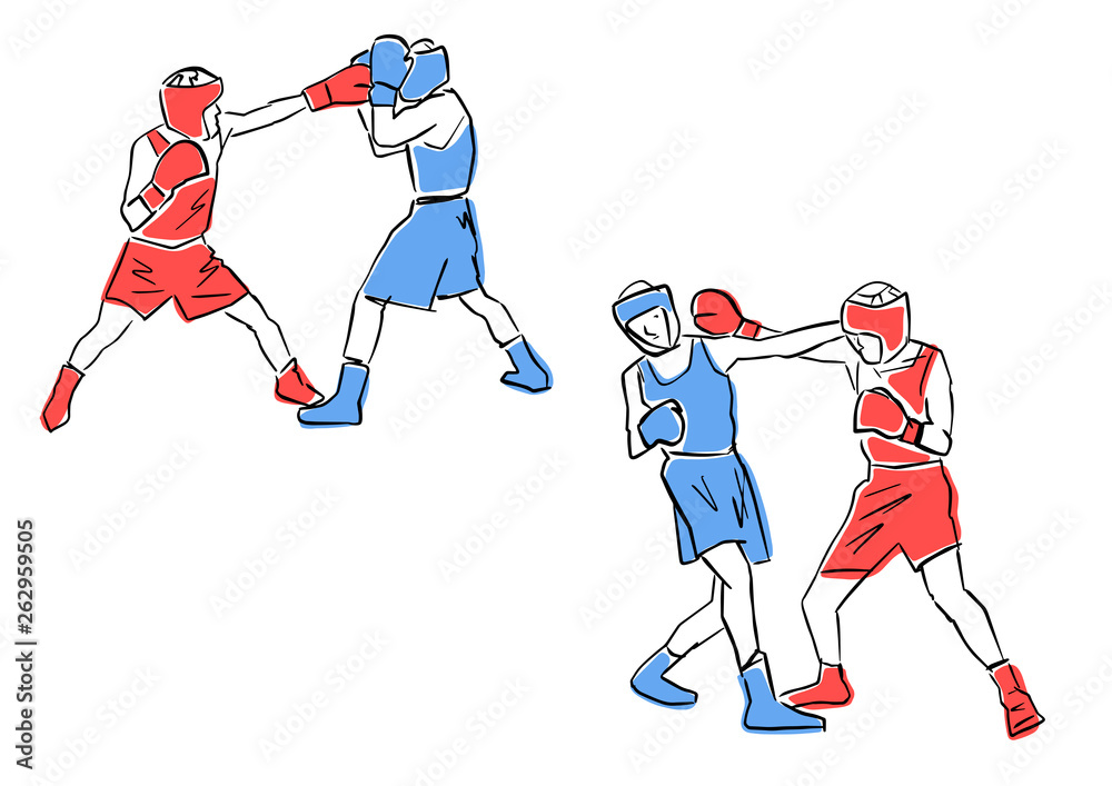 Boxing match. Set of two boxers in ring. Professional fight. Flat vector illustration. Black contour, red and blue sports uniform, isolated colors.