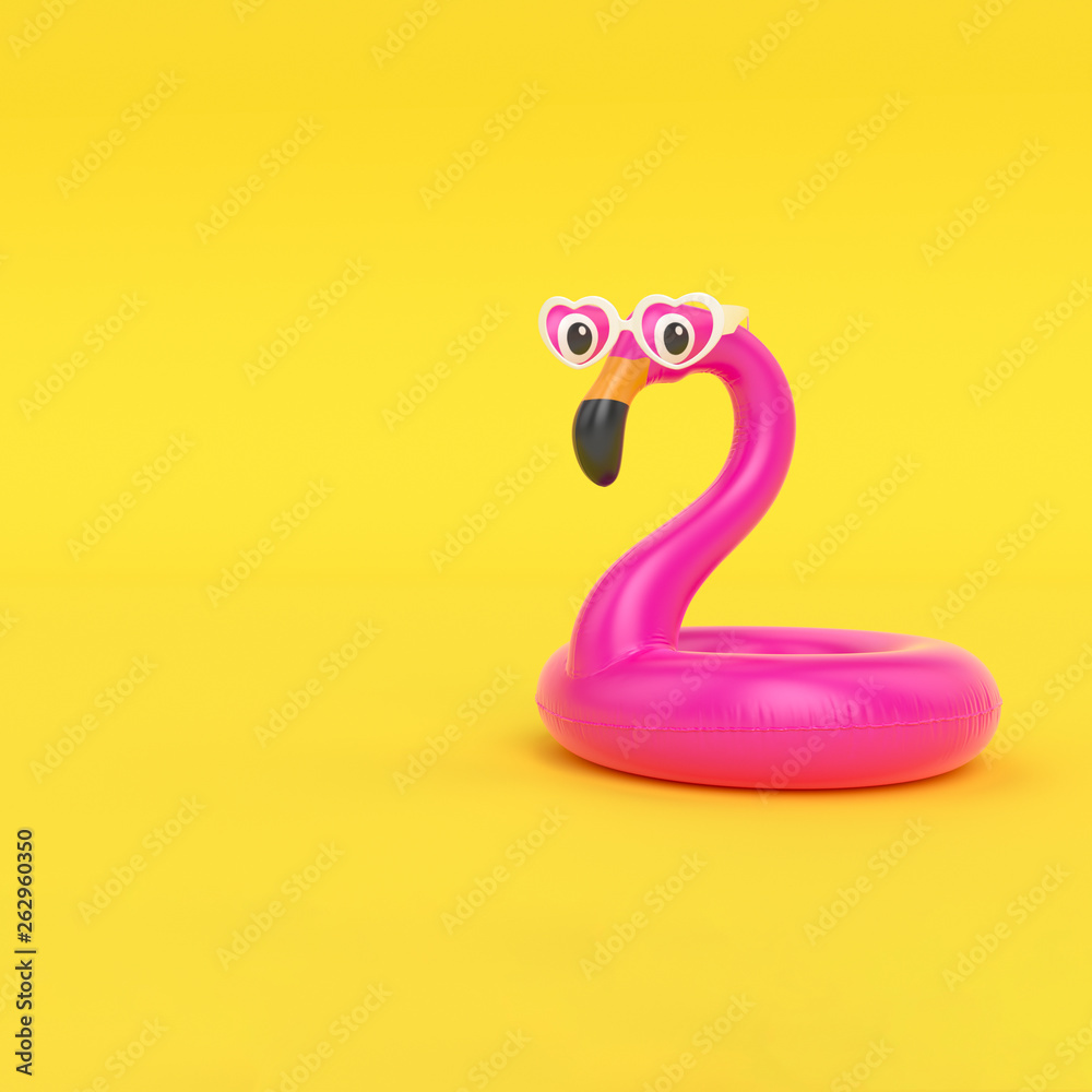 Naklejka premium Funny surprised pink inflatable flamingo isolated on yellow background, Summer banner concept, 3d rendering